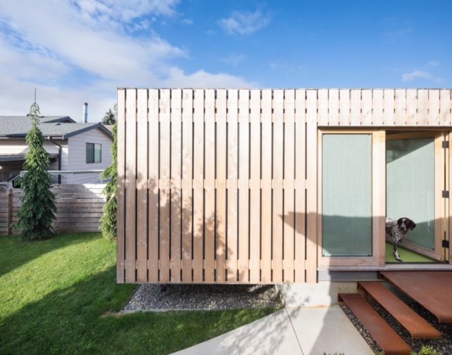 building covered in thin timber panels