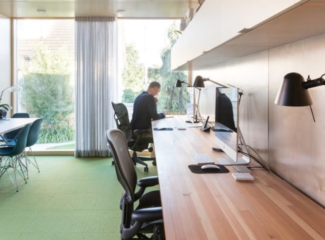 interior of office space with long work table