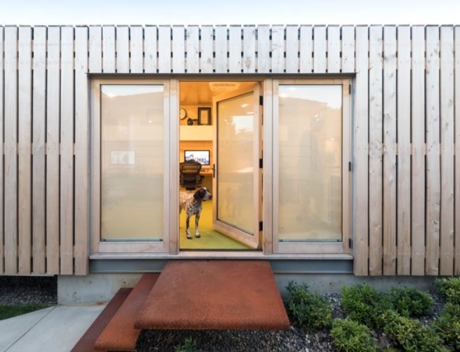 dog standing in doorway to shipping container office