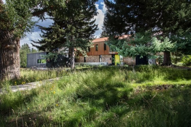 grass and trees in foreground with charred timber and weathered steel farmhouse in background