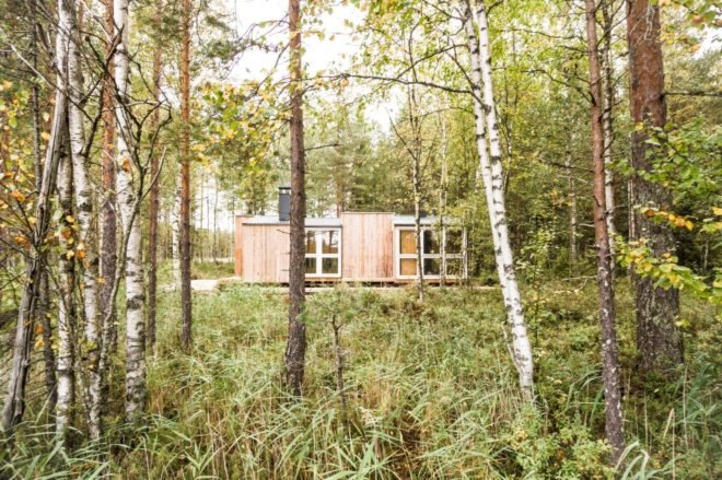 a tiny cabin surrounded by trees