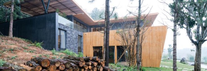 cropped close-up of timber and stone home in a forest