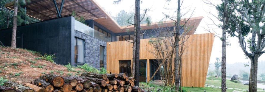 cropped close-up of timber and stone home in a forest
