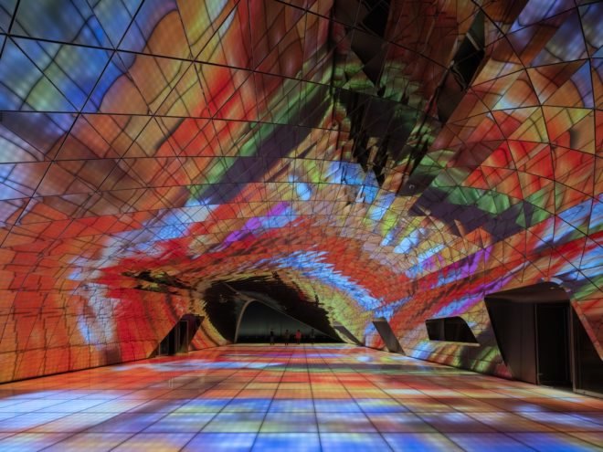 interior area with colorful glass ceilings, walls and floors