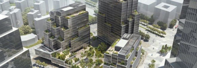 rendering of tall towers with terraces filled with plants