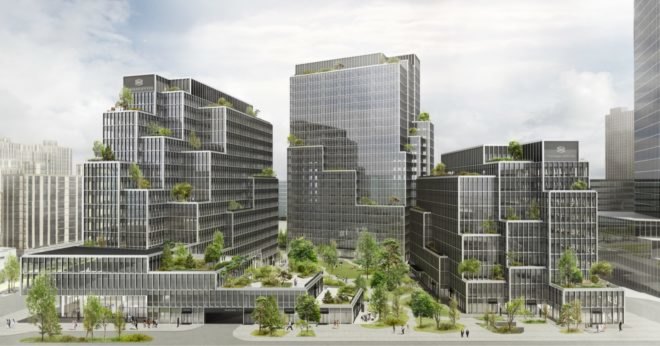 rendering of towers with landscaped terraces