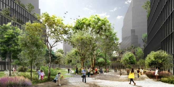 rendering of people walking through a park full of greenery between towers