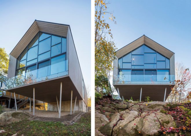 Angled view and front view of gabled building with glass wall on stilts on a cliff