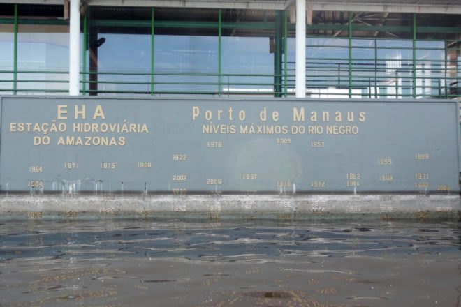 cropped close-up of water marks of flooding in the past 100 years at the Port of Manaus