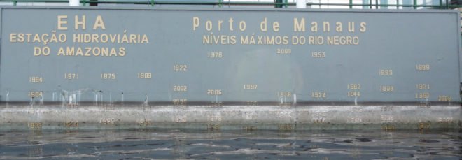 cropped close-up of water marks of flooding in the past 100 years at the Port of Manaus