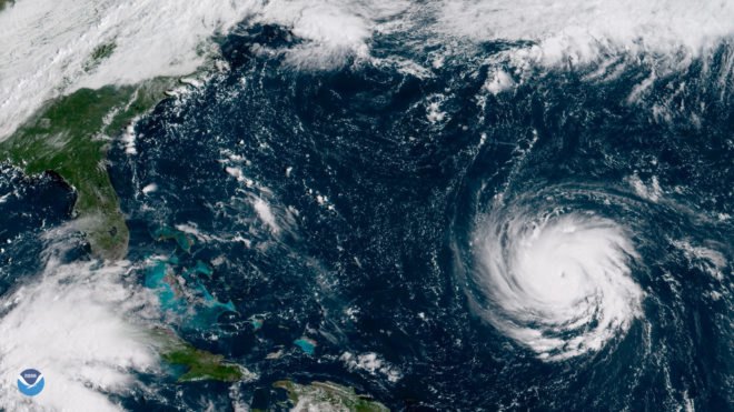 satellite image of hurricane Florence headed for the east coast of the U.S.
