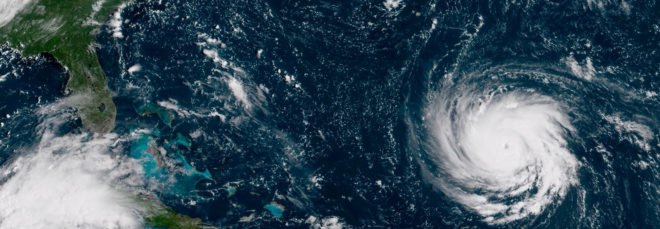 cropped close-up of satellite image of hurricane Florence headed for the east coast of the U.S.