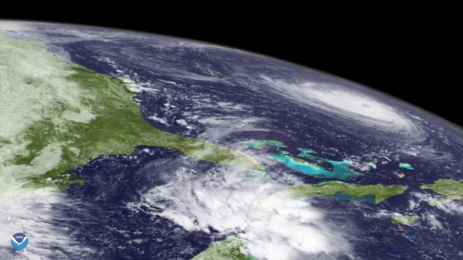 Angled image from satellite of Hurricane Florence in Atlantic Ocean