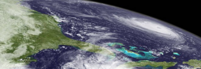 Cropped close-up of angled image from satellite of Hurricane Florence in Atlantic Ocean