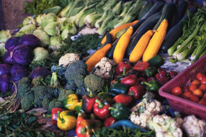 Variety of colorful vegetables at a market