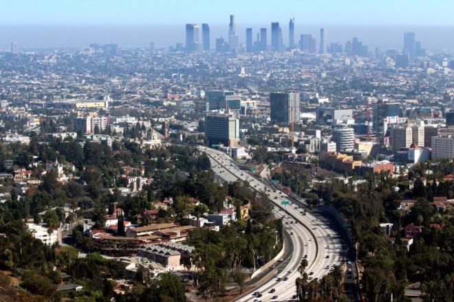 Aerial view of Los Angeles with heavy smog