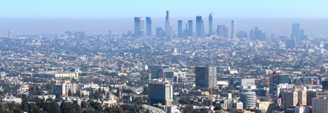 Cropped close-up of aerial view of Los Angeles with heavy smog