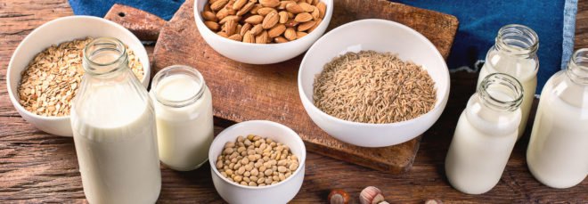cropped close-up of glass jars of milk and bowls of nuts, rice and oats