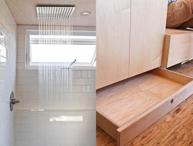 On the left, large rainfall shower. On the right, wood cabinet with drawer