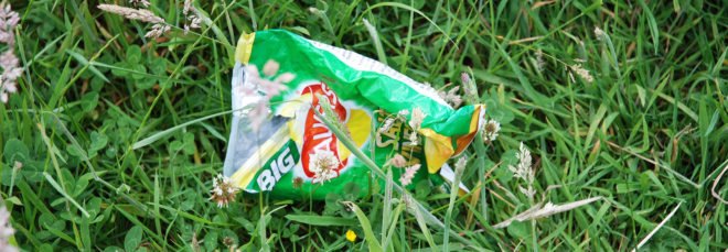 cropped close-up of empty green Walkers potato chip bag in the grass