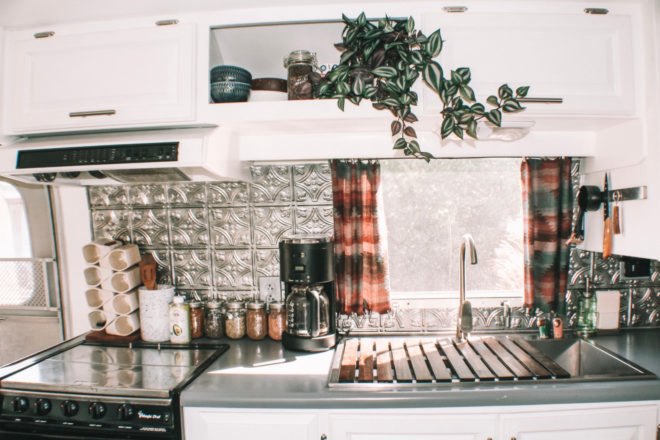kitchen with pressed tin backsplash