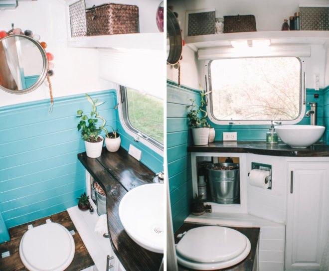 bathroom with teal walls and dark wood