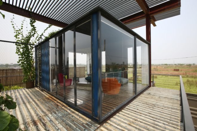 exterior view of room with glass walls