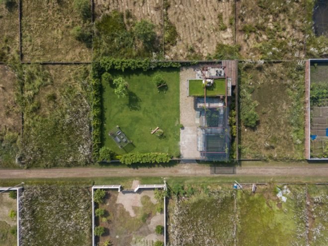 aerial view of green-roof on shipping container home
