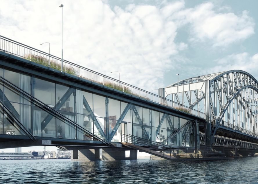 rendering of apartments with glass walls built under a bridge