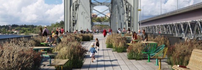 rendering of park with seats and plants on a bridge