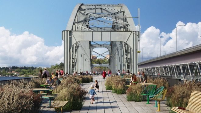 rendering of park with seats and plants on a bridge