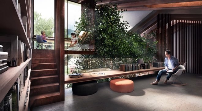 rendering of person sitting at desk overlooking tall Ficus tree