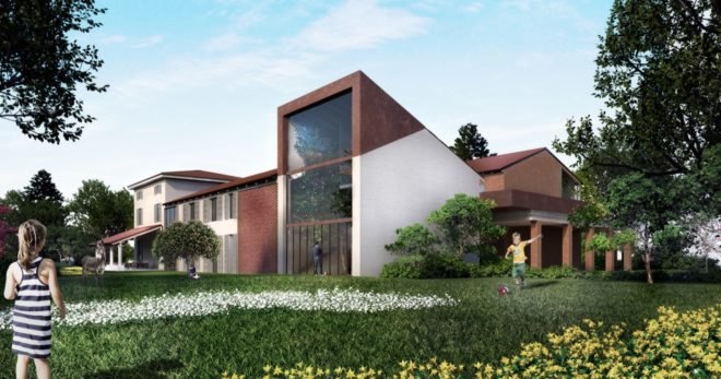 rendering of white and brick building with sloping roof