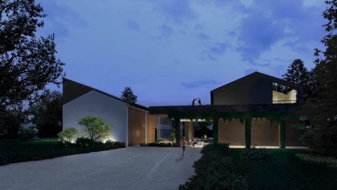 rendering of white and brick home at dusk