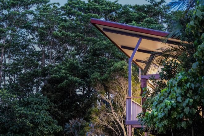 sloped roofline of cabin barely visible among tree tops