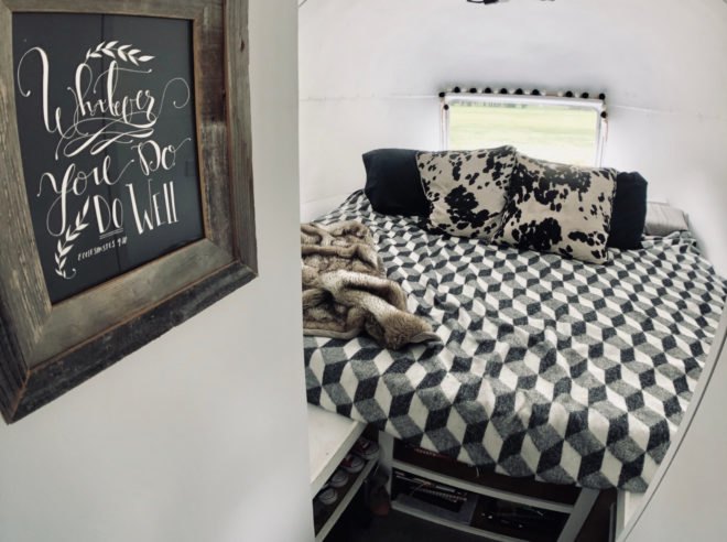 bedroom with black and white blanket