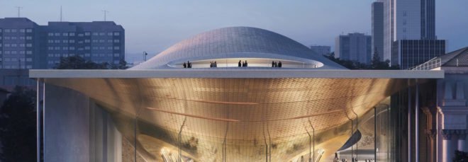 cropped close-up of rendering of concert hall with curvy roof