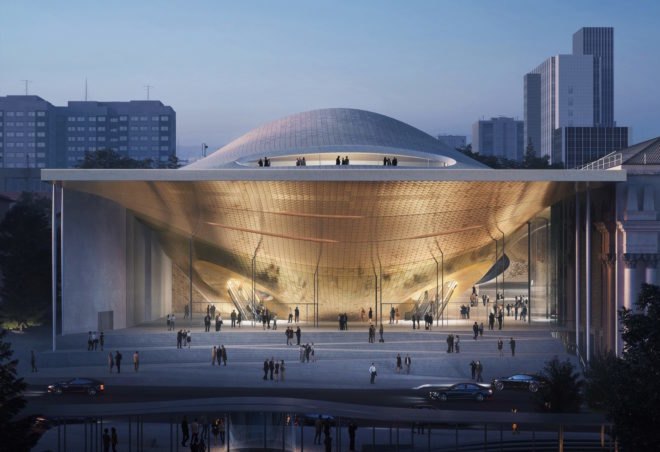 rendering of concert hall with curvy roof