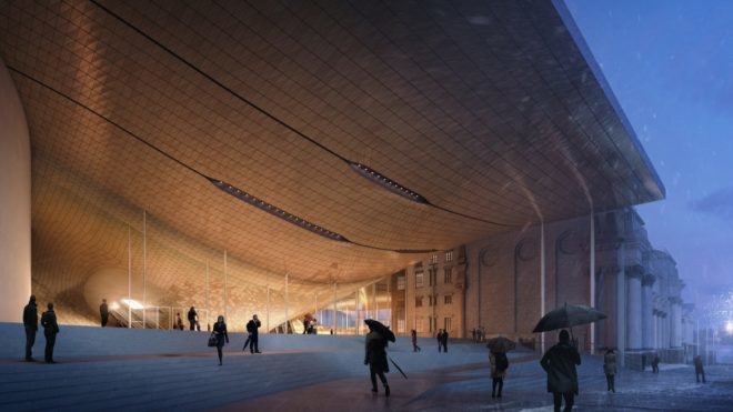 rendering of building with roof curving inward