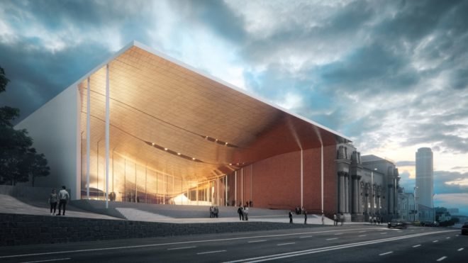 rendering of building with roof appearing to fold inward