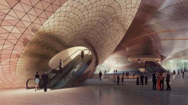 rendering of room with undulating ceilings and several sets of escalators and stairs