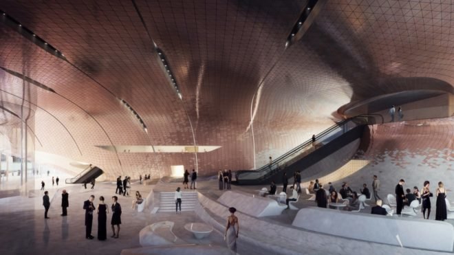 rendering of people in formal wear in room with reflective, undulating ceilings and walls