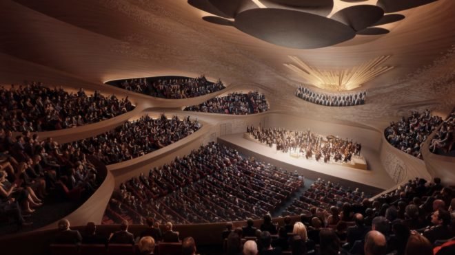 rendering of orchestra on a stage with people in several rows of seating