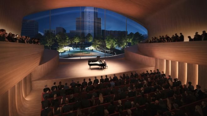 rendering of pianist and piano on stage with audience watching