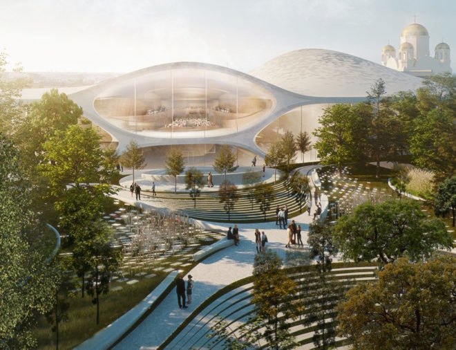 rendering of building with green space and undulating roof