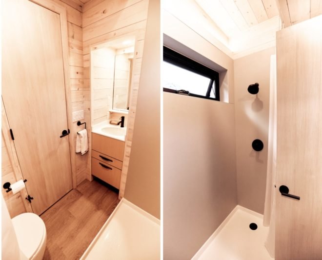 wooden bathroom with full shower