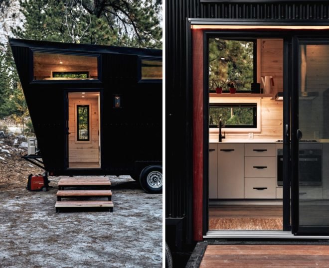 open doorway of black tiny home