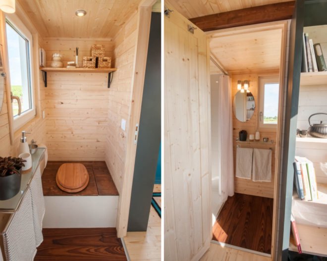 bathroom with wood toilet and stand-up shower
