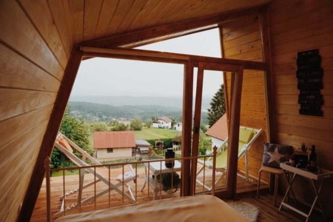 outdoor view from wood cabin interior
