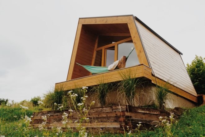 geometric cabin with hammock on front deck